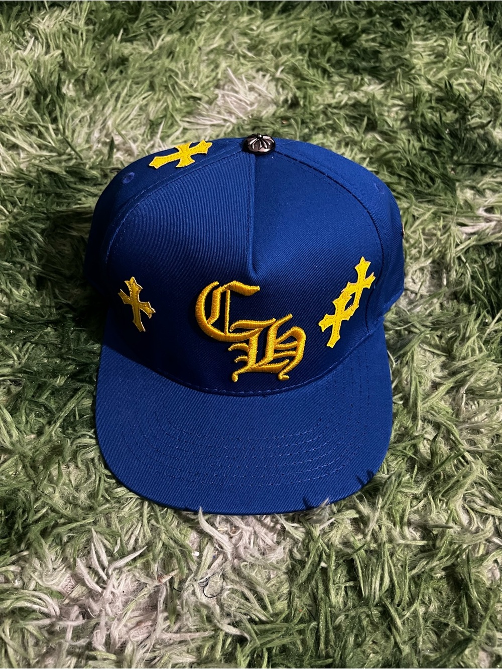 Blue chrome hearts Baseball Cap with Yellow Embroidered CH & Cross Accents